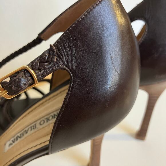 Vintage Manolo Blahnik brown braided leather strappy open toe stiletto heels - Picture 9 of 16